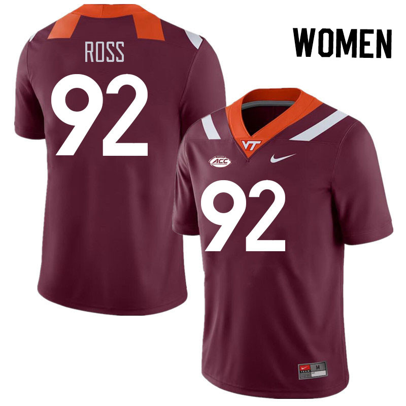 Women #92 William Ross Virginia Tech Hokies College Football Jerseys Stitched Sale-Maroon